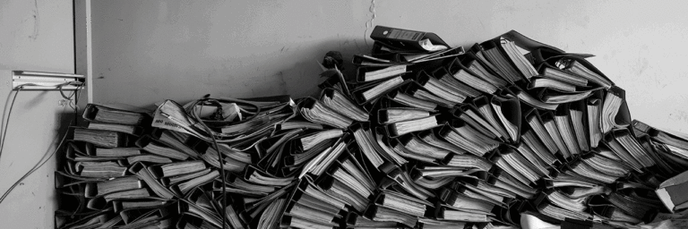A robot scans an old pile of books.